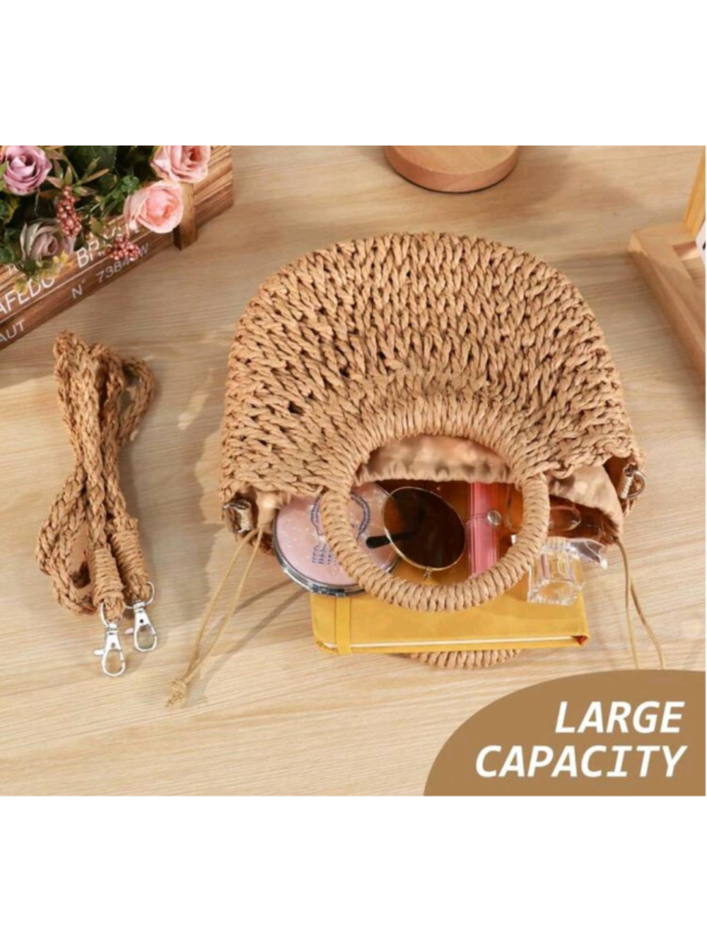 Tan Purse Straw Tote Bag Vacay Tote Shoulder Bag Light Brown Rattan Beach Purse - Picture 9 of 13